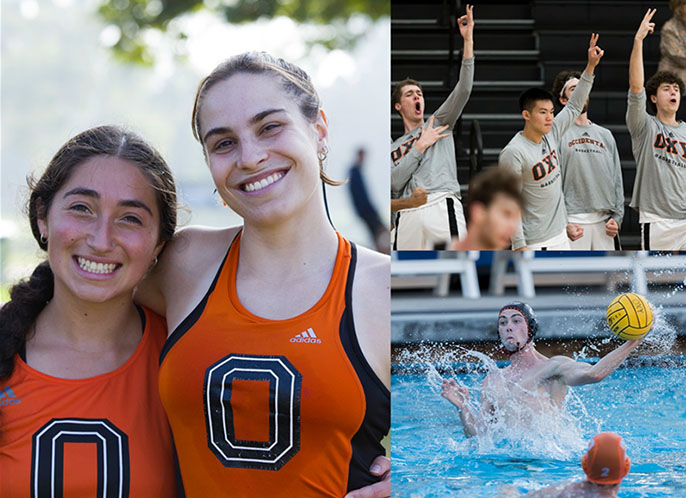 Oxy student athletes pose together in their various sports jerseys